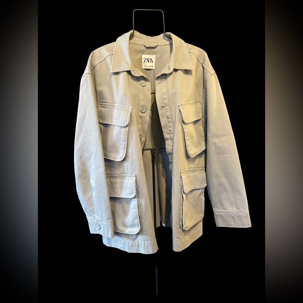 Zara Oversized Gray Denim Cargo Jacket